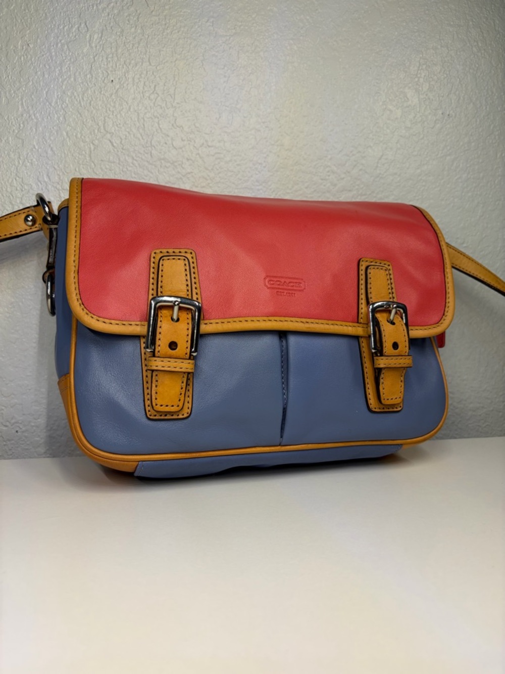 Coach Colorblock Leather Crossbody Bag in Coral, Blue & Tan- VINTAGE